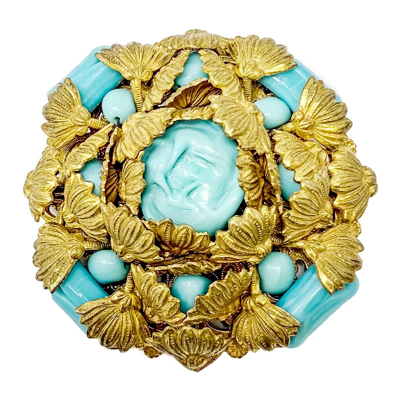 Miriam Haskell Signed Gold and Turquoise Brooch