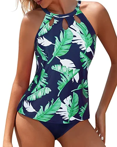 Two Piece Backless High Neck Tankini Swimsuits For Women-Blue Leaf