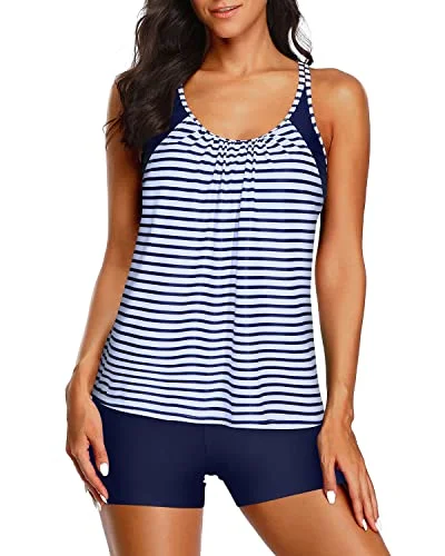 Women Sports Bra Tankini Boy Shorts Padded Bra Two Piece Bathing Suits-Blue And White Stripes