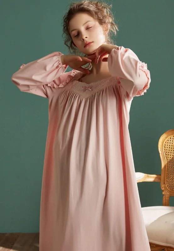 Vintage Cotton Nightgown For Women, Victorian Delicate Solid Color Nightgown