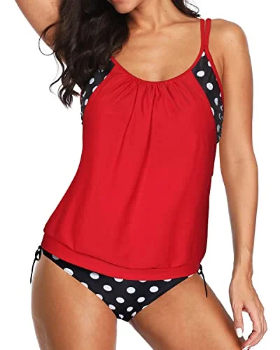 Deep Cut Sides Blouson Tankini Swimsuits For Women-Black Dot