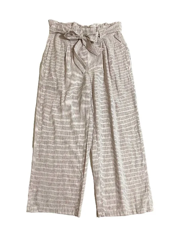 Women's Striped Linen Paperbag Belted Waist Wide Leg Pants In Striped Beige