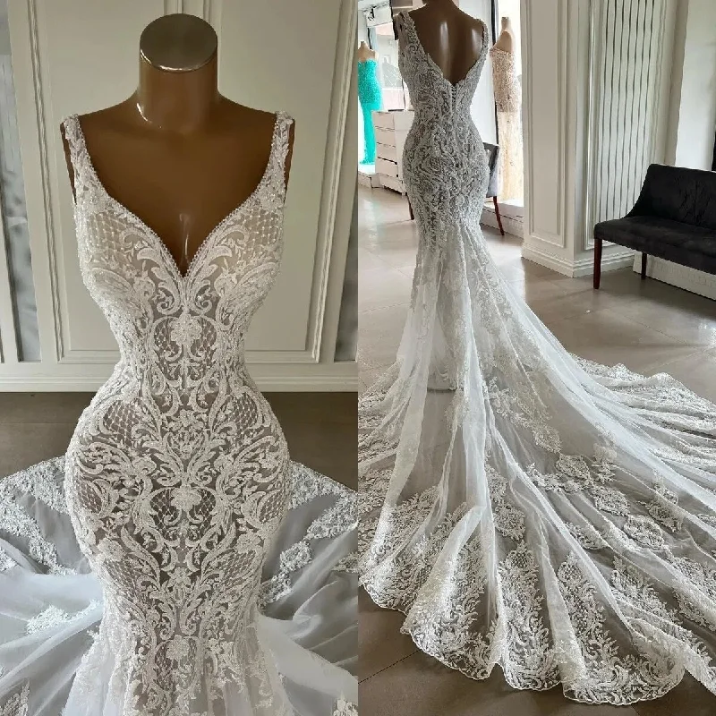 Elegant Full Lace Mermaid Wedding Dresses V Neck Lace Appliqued Boho Country Bridal Party Gowns Vestidos De Novia