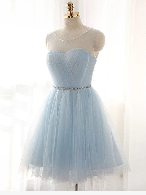 A-Line/Princess Scoop Beading Sleeveless Short/Mini Tulle Dresses