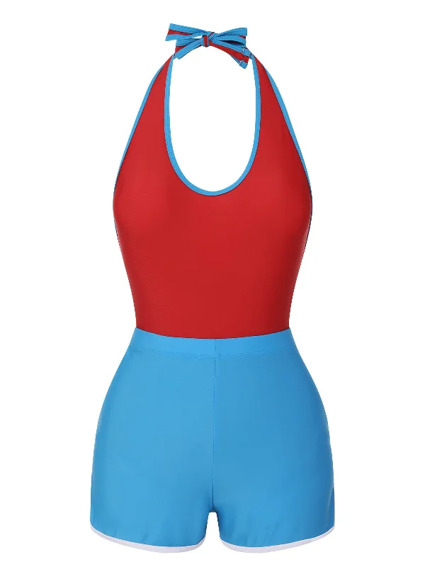 Red & Blue 1930s Solid Patchwork Swimsuit Set