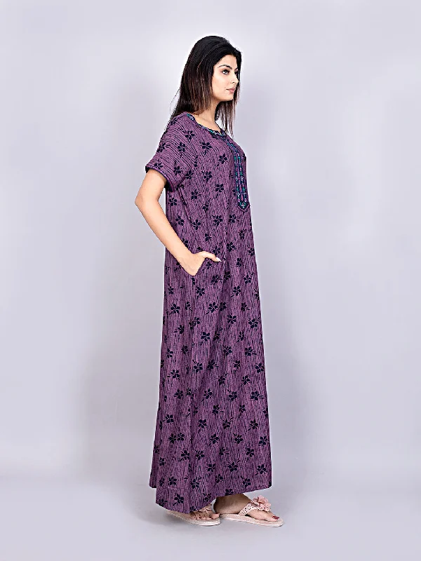 Alpine Nighty with Side Pocket & Neckline Embroidery | Printed