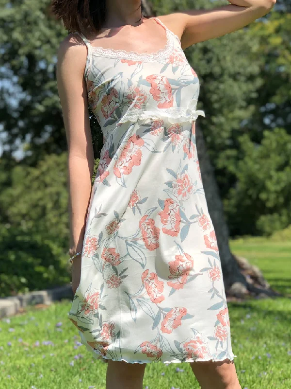 White Lace-Trim Floral Print Nightie