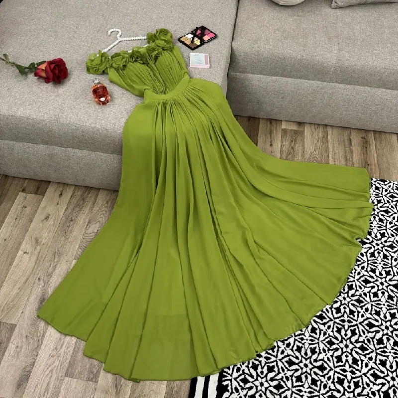 Elegant Off Shoulder Evening Dresses Chiffon Formal Occasion Prom Gowns Flowers Floor Length Party Dress