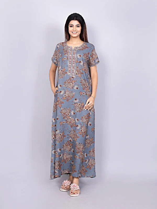 Alpine Nighty with Side Pocket & Neckline Embroidery | Printed