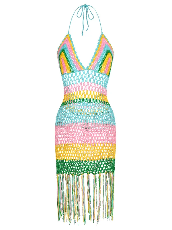 1960s Handmade Crochet Tassel Halter Cover-Up