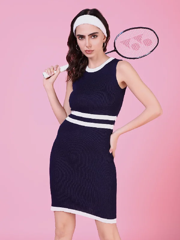 Women Navy Blue Striped Bodycon Dress-TG-830-Navyblue