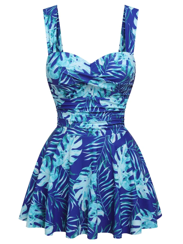 Royal Blue 1960s Tropical Plants Swimsuit Set