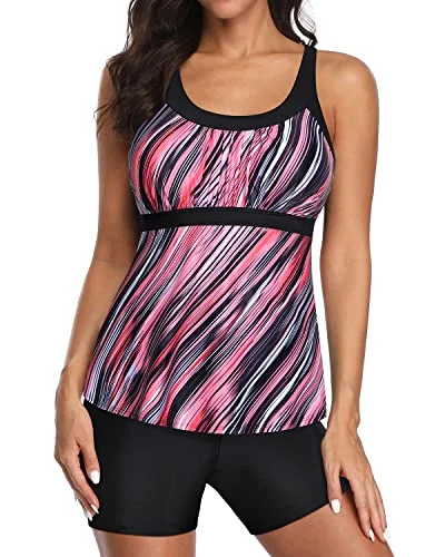 Adjustable Shoulder Straps Two Piece Tankini Bathing Suits For Women-Black And Pink Stripes