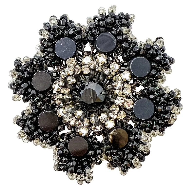 Miriam Haskell Signed Black and Silver Beaded Brooch