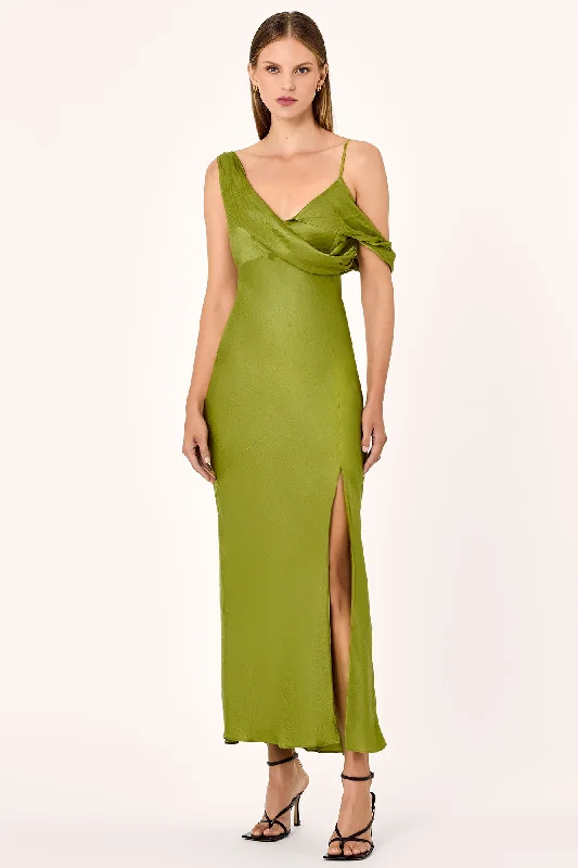 FINLEY ASYM DRAPED MIDI DRESS - MOSS