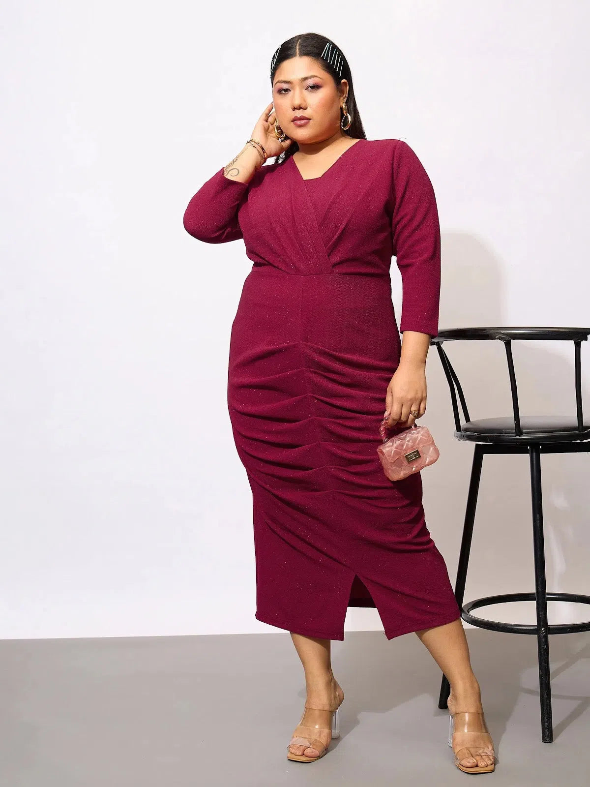 Women Maroon Glitter Front Ruched Bodycon Dress