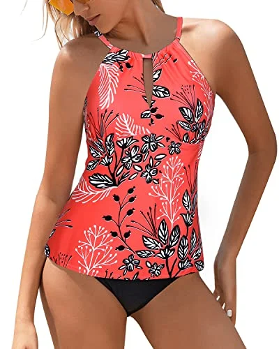 Women's High Neck Tankini Swimsuits Tummy Control Bathing Suits-Red Floral