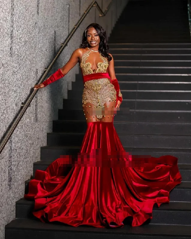 Luxury Red Beaded Mermaid Prom Dresses For Black Girls Crystal Formal Wedding Party Gowns Belt Elegant Evening robes de soirée