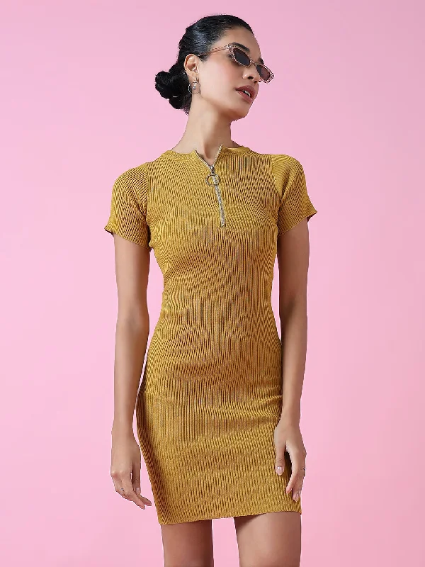 Women Mustard Solid Bodycon Dress-TG-2-Mustard