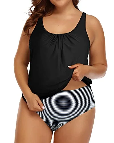 Womens Plus Size Two Piece Bathing Suits Blouson Tankini High Waist Bottom-Black Stripe