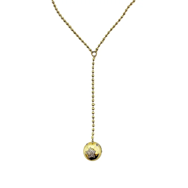 14K Gold Ball Chain Y Necklace with Diamond Embellished Ball Drop