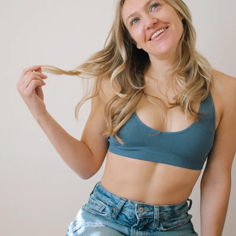 Dusty Blue Seamless Ribbed Cross Back Bralette