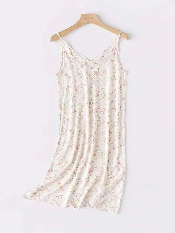 Loose Classic Cream Floral Midi Nighties Sleep Dress