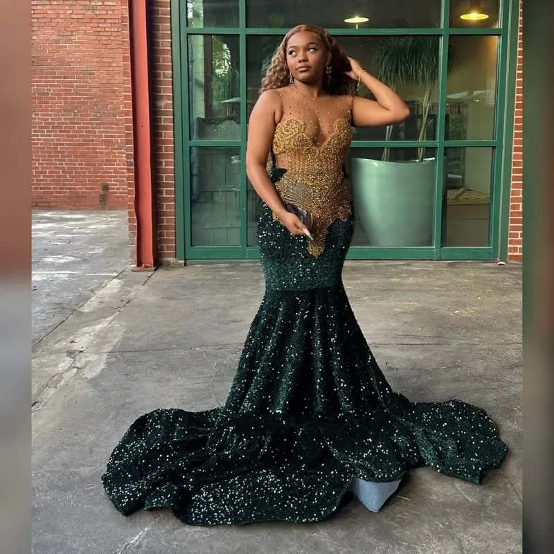 Dark Green With Gold Diamond Prom Dresses 2024 Crystal Mermaid Party Gowns Long Birthday Outfits Vestidos De Gala