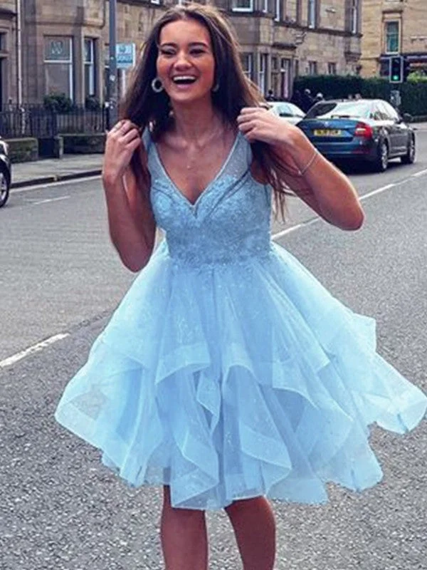 A-Line/Princess Tulle Ruffles V-neck Sleeveless Short/Mini Dresses