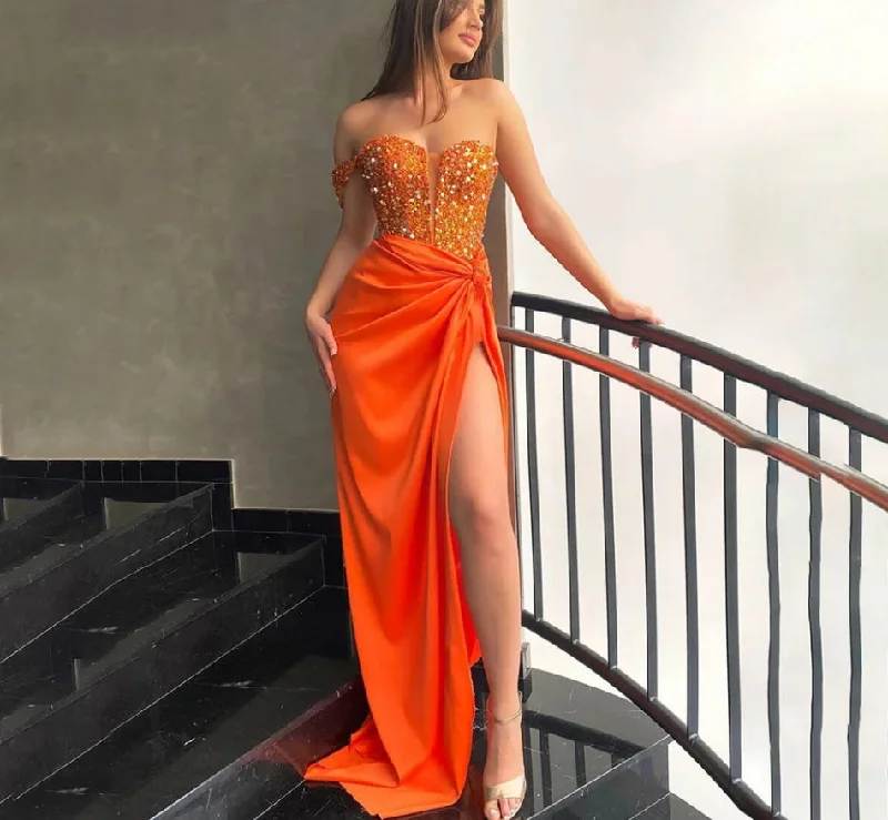 Sequined Sweetheart Party Dresses Side Split Orange Evening Dresses Stain Mermaid فستان سهرة One Shoulder Evening Gowns