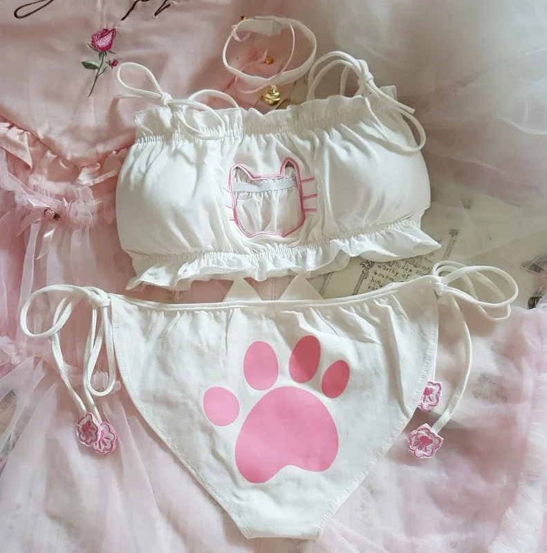 Kawaii Japanese anime sexy & cute - Cat Girl Cotton Hollowed Out Brassier & Panties- Open Chest Lace-up Underwear Set Lingerie