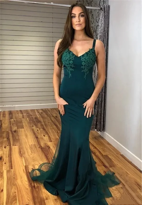 Luxury plus size Mermaid Evening dress Sexy backless Italian Spaghetti strap lace applique floor-length formal dress Party dress