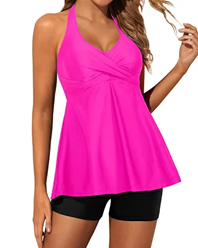 Open Back Detail Tankini Swimsuits For Women Shorts-Neon Pink And Black