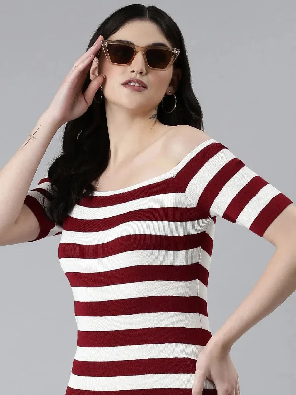 Women White Striped Bodycon Dress-AN-11205-Whitemaroon