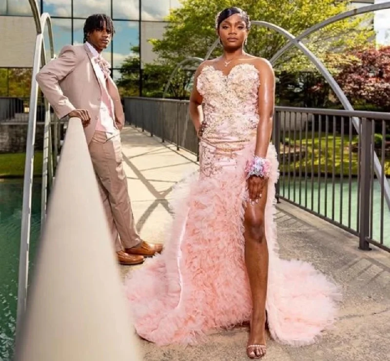 Glitter Pink Diamonds Mermaid Ruffles Prom Dress For Black Girls Silver Beaded High Slit Birthday Party Gown