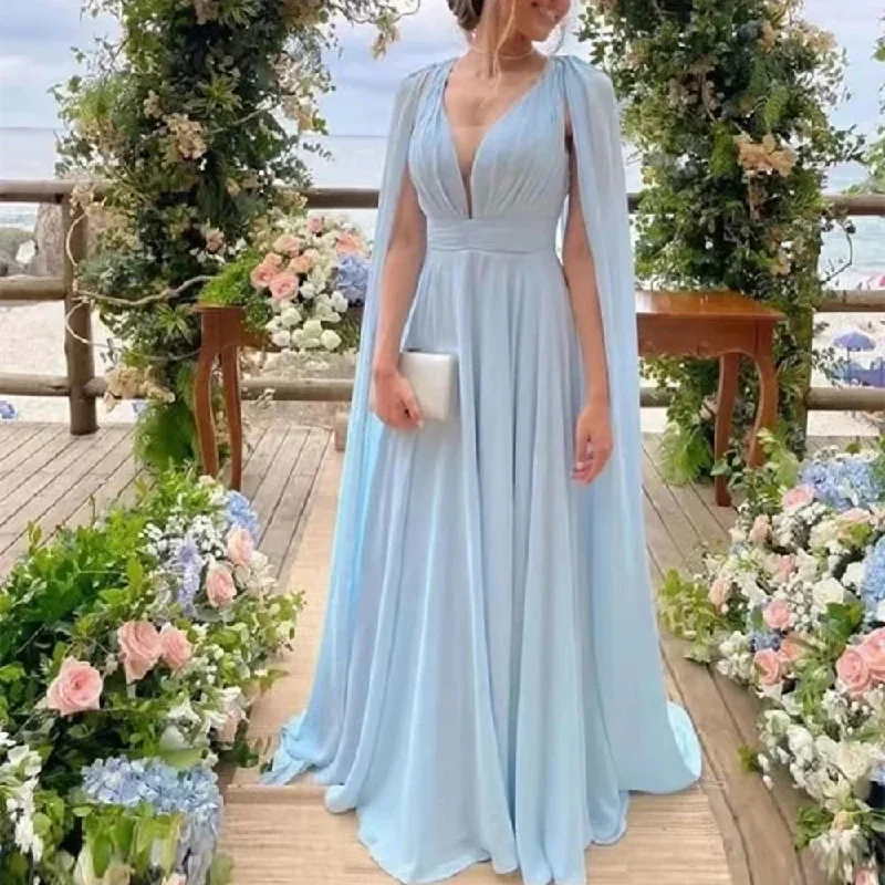 Fashion Long Evening Dresses Maid Of Honor Sexy V-Neck Chiffon Mother of the Bride Dresses Party Gowns With Streamer Cape