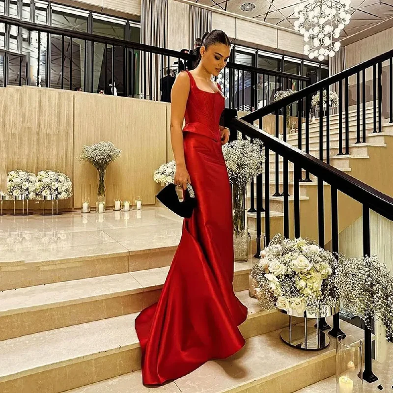 Elegan Red Prom Dresses For Women Pleated Floor Length Shiny Satin Party Gowns Arabic Banquet Dinner Evens Gala Dress