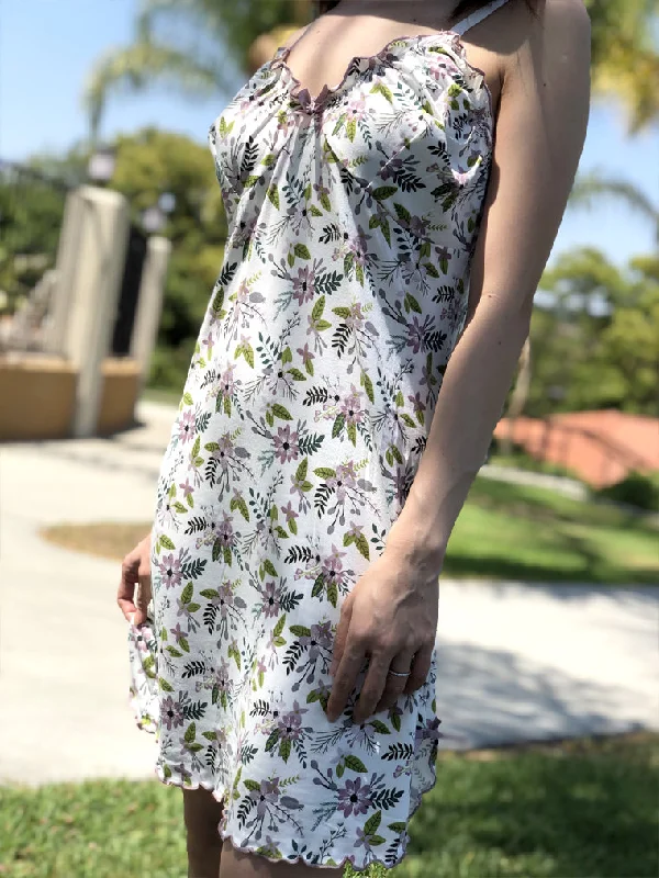 White Floral Print Side Slit Nightie