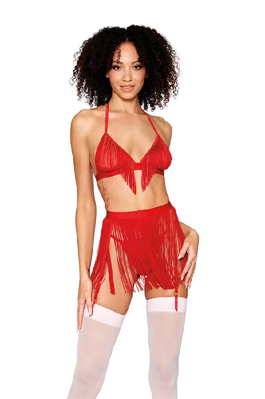 Chainette Fringe Bralette, Garter Belt, and G-String