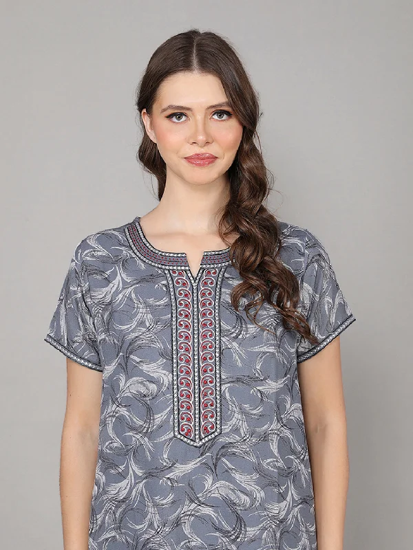 Alpine Nighty with Side Pocket & Neckline Embroidery | Printed