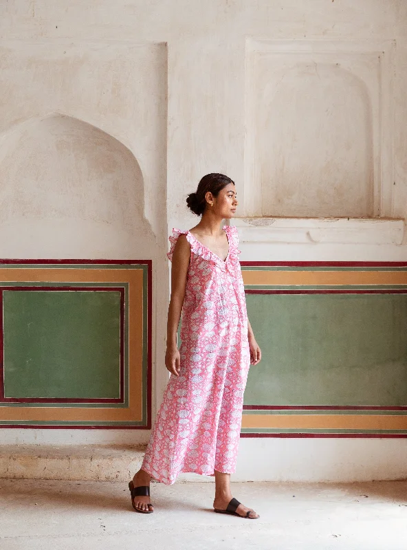 Block Print Cotton Nightdress - Pink Lotus Print