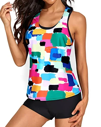 Racerback Bikini Top Tankinis Sports Bra And Boyshorts Swimsuits-Color Tie Dye