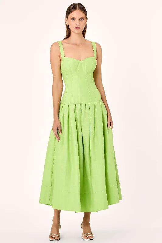 MAKENNA DROP WAIST CORSET MIDI DRESS - LIME