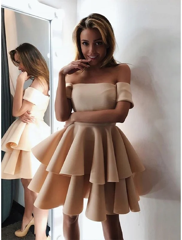 A-Line Cocktail Dresses Minimalist Dress Engagement Knee Length Short Sleeve Off Shoulder Satin with Tiered