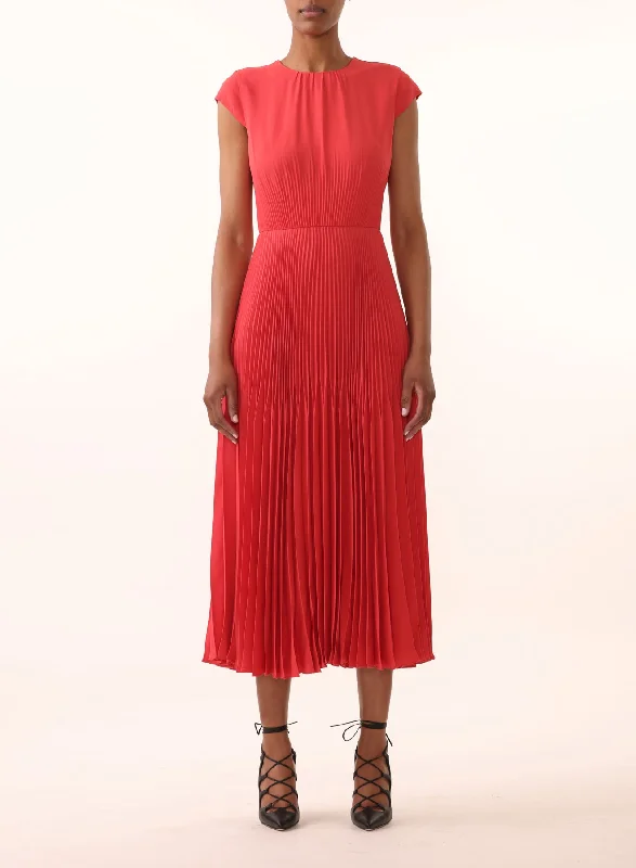 SOFT CREPE CAP SLV MIDI PLEATED DAY DRESS