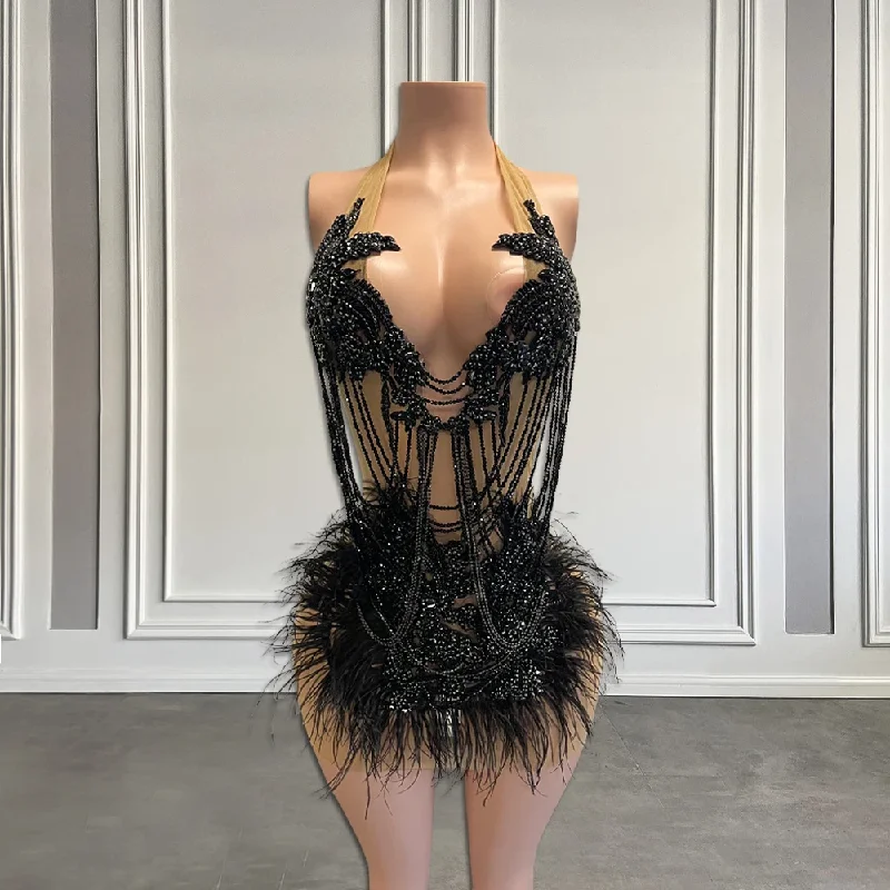 Luxury Beaded Tassels Short Formal Prom Party Dress 2024 Sexy Halter Black/Green Feathers African Women Birthday Cocktail Gowns