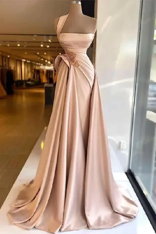 Elegant One Shoulder Satin Mermaid Evening Dresses Beaded Ruched High Split Sweep Train Formal Party Prom Gowns