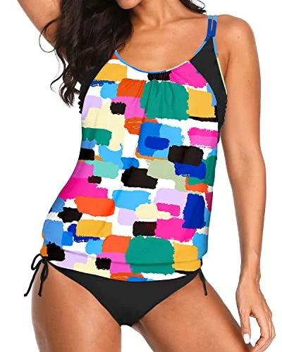 Women's Adjustable Tie Side Shorts 2 Piece Blouson Tankini-Color Tie Dye