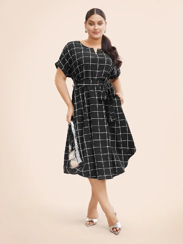 Plaid Notched Collar Dolman Sleeve Dress