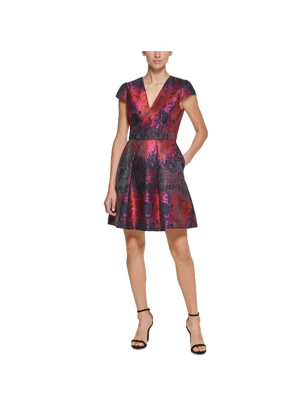 Womens Jacquard V-Neck Fit & Flare Dress